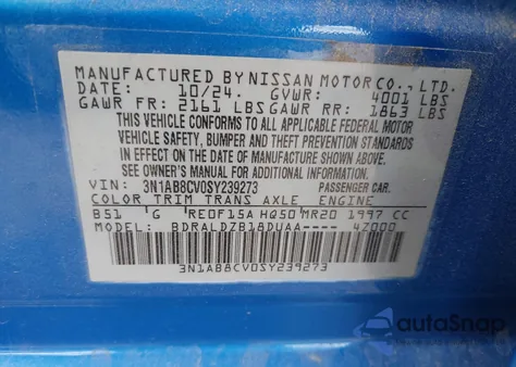 2025 Nissan Sentra Sv из США, поврежденный, VIN 3N1AB8CV0SY239273